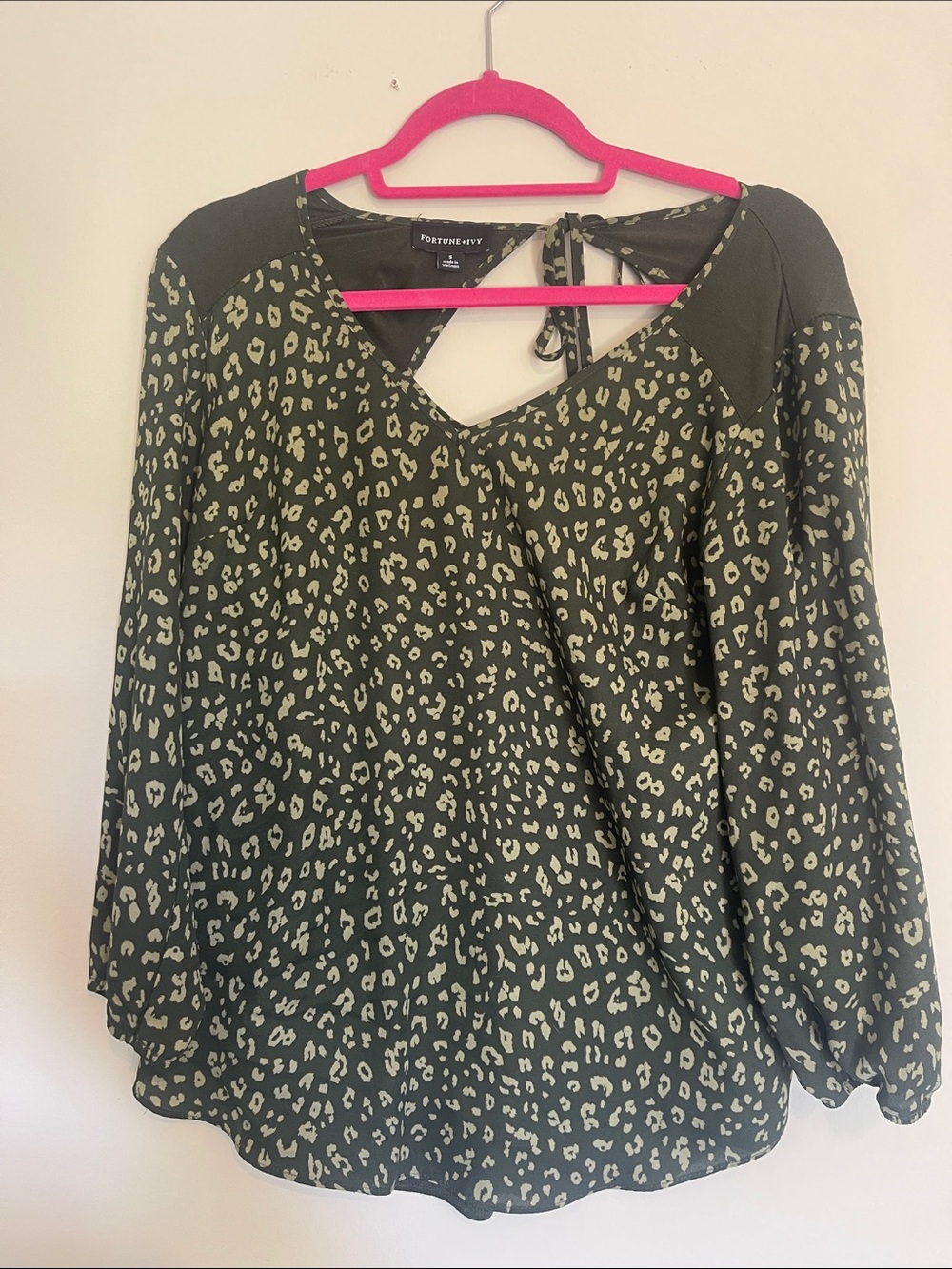 Fortune + Ivy Olive Green Animal-Print V-Neck Blouse